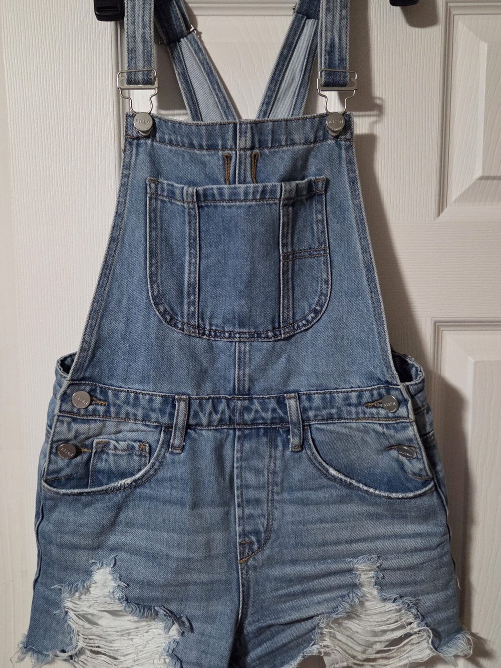 Risen Bree Distressed Denim Overall Shorts